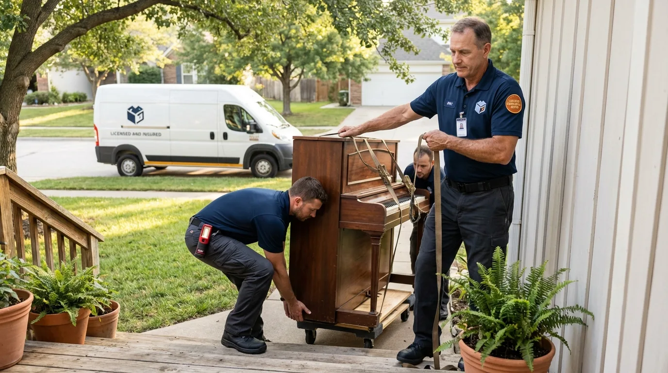 Licensed piano movers securing grand piano in Auburn, NY