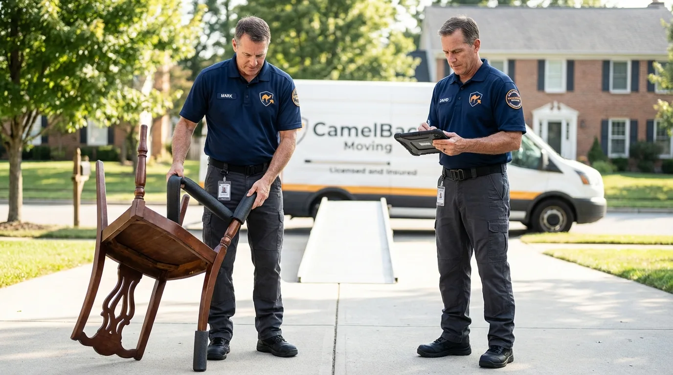 Movers inspecting furniture for damage prevention before loading in Auburn, NY