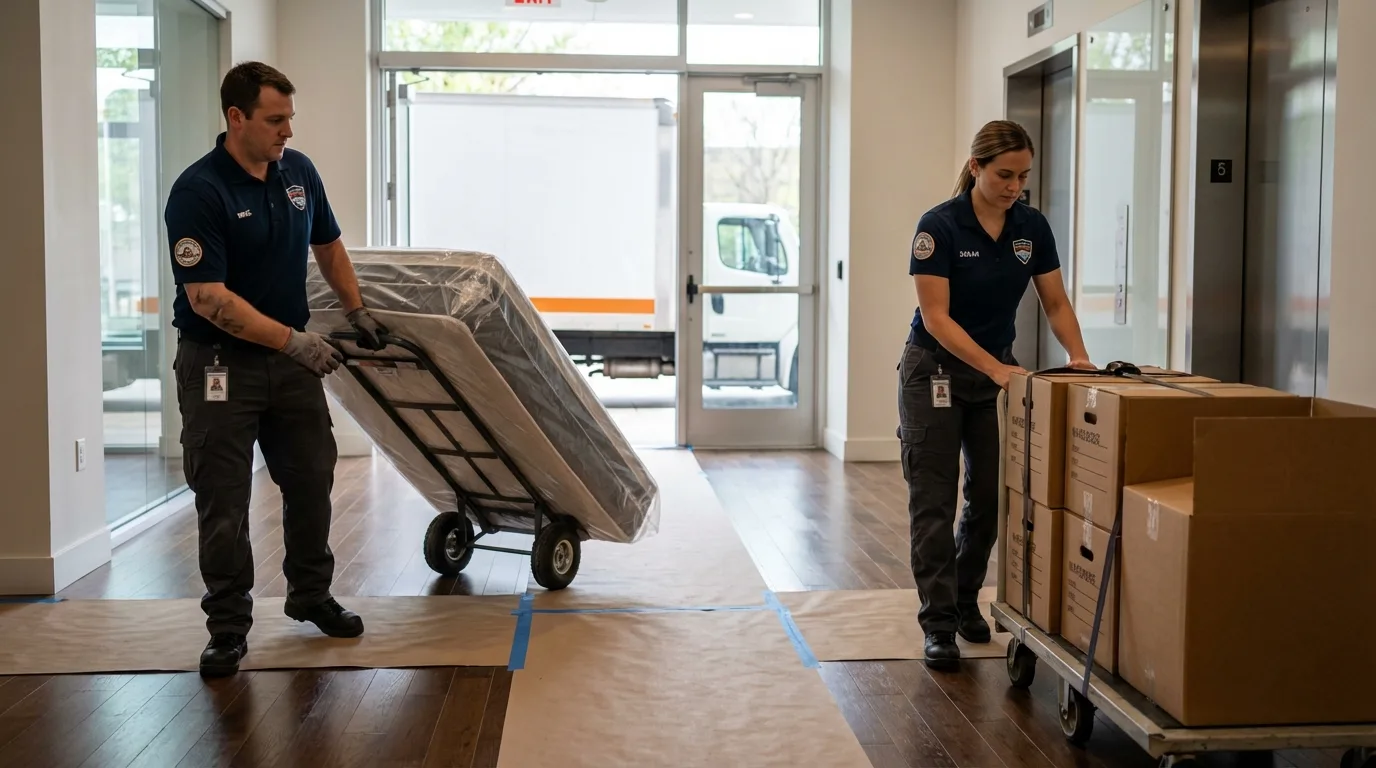 Professional apartment movers loading elevator in Auburn, NY