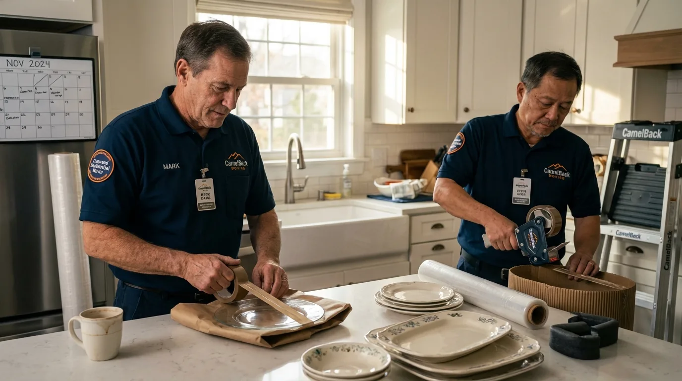 Professional crew packing kitchen dishware in Auburn, NY